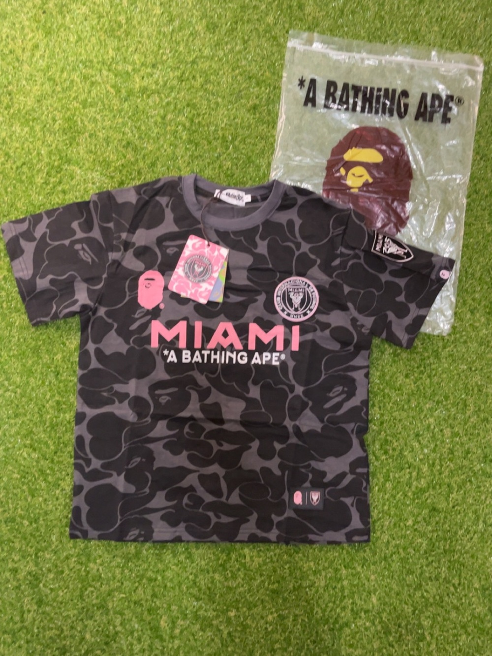 A Bathing Ape Miami Camo Short Sleeve Tee - Gray with Pink Logo